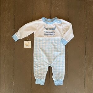 Busy Bee Smocks Baby Boys’ Embroidered Train Gingham Longall Romper • Size 12M